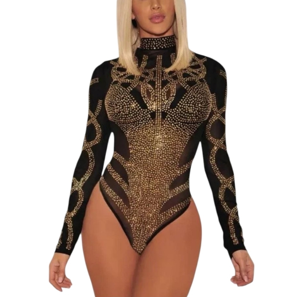Sexy Gold Rhinestone Sheer Black Long Sleeve Bodysuit Sz S - Picture 7 of 8